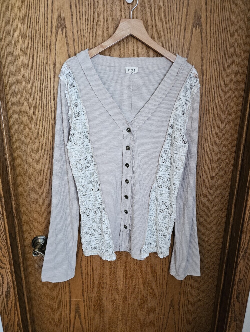POL Ribbed Button Top with Lace Trim
